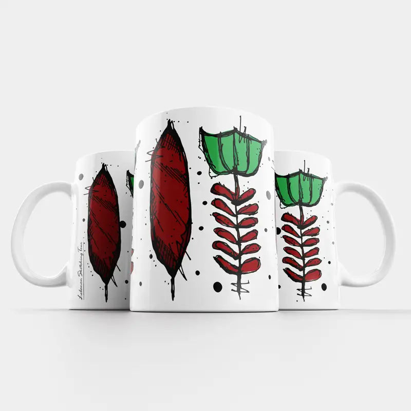 Lebanese coffee cup floral design in red nd green on a Lebanese mug with a fresh twist